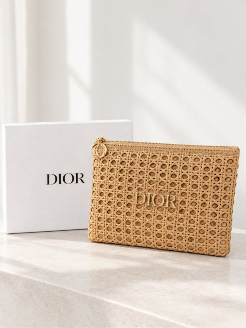 Dior beauty Tan Woven Rattan Zip Pouch with Gold Logo Charm 0872